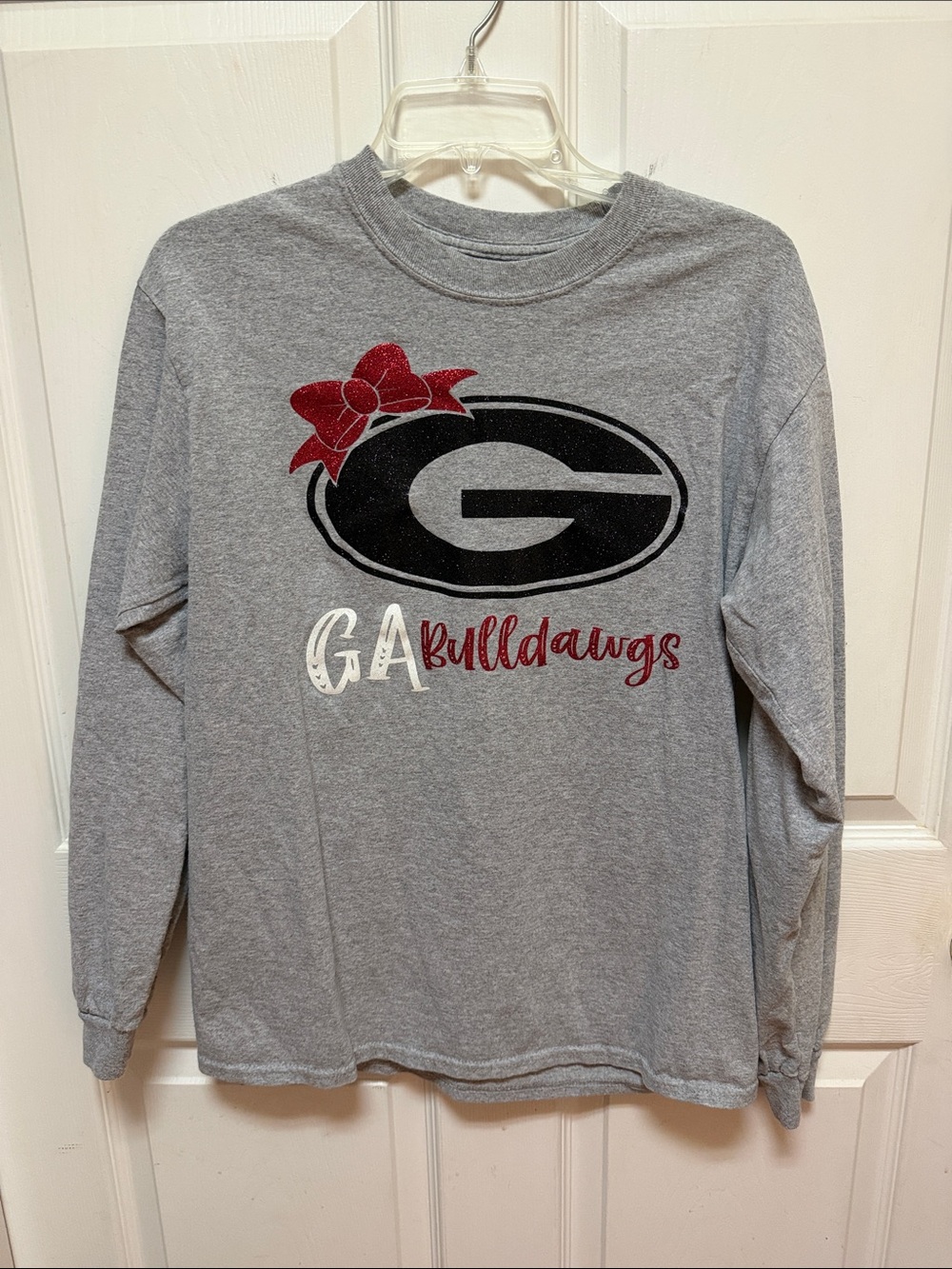 Georgia Bulldogs Gray Long Sleeve Tee with Red Glitter Bow, Size M